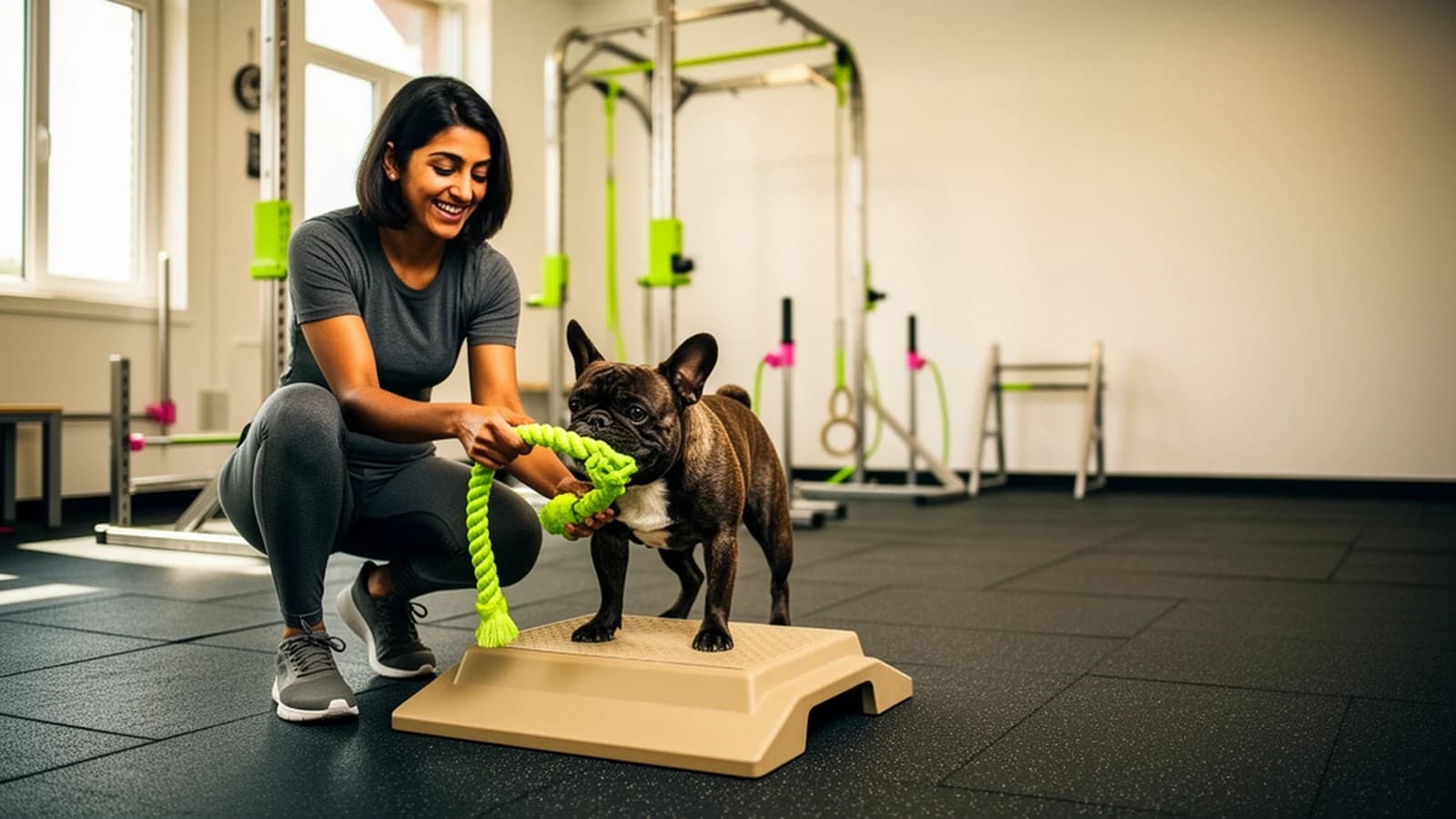 Dog enjoying a tug and balance training session with its coach
