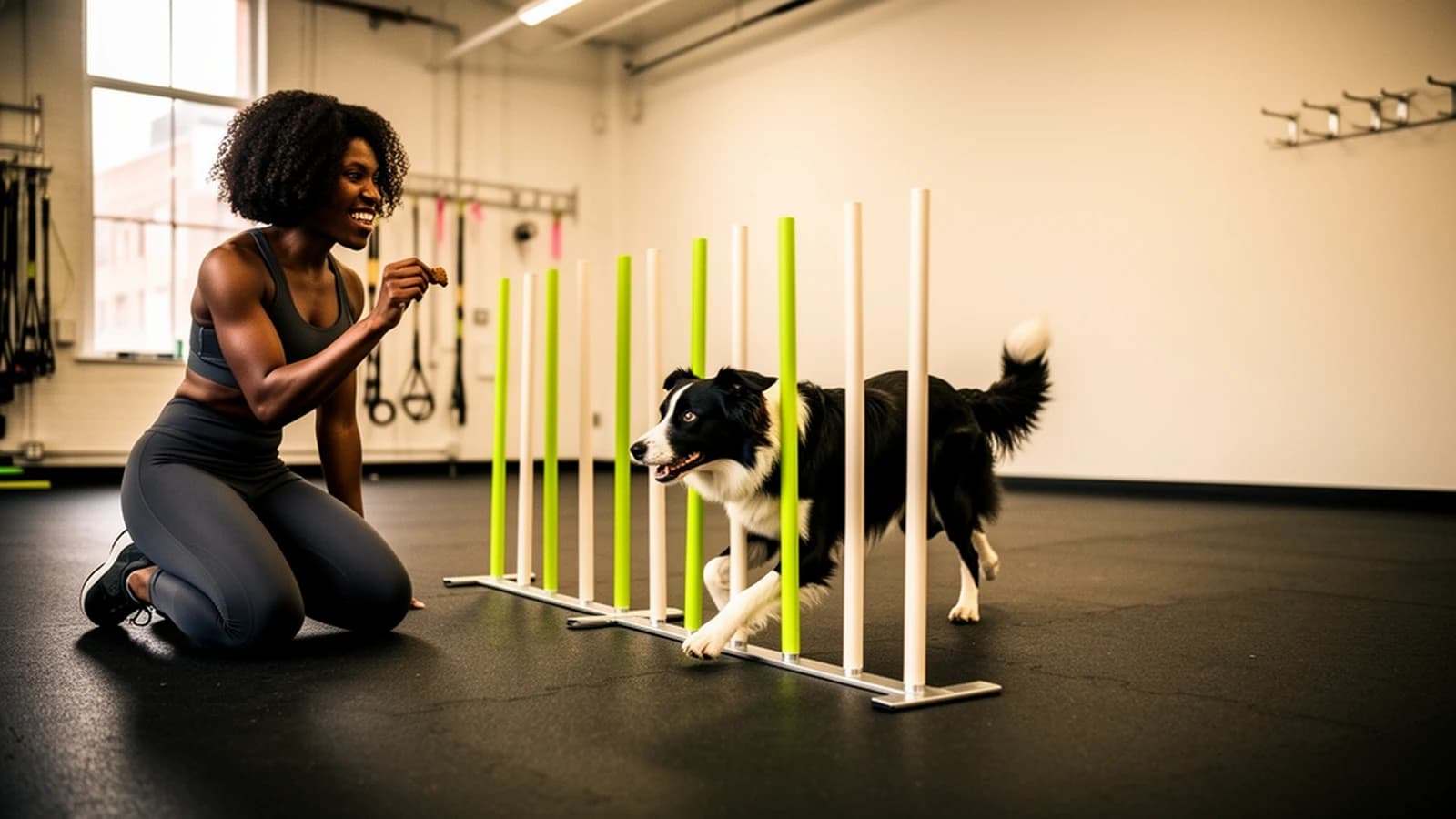 Border collie weaving through agility poles with its coach