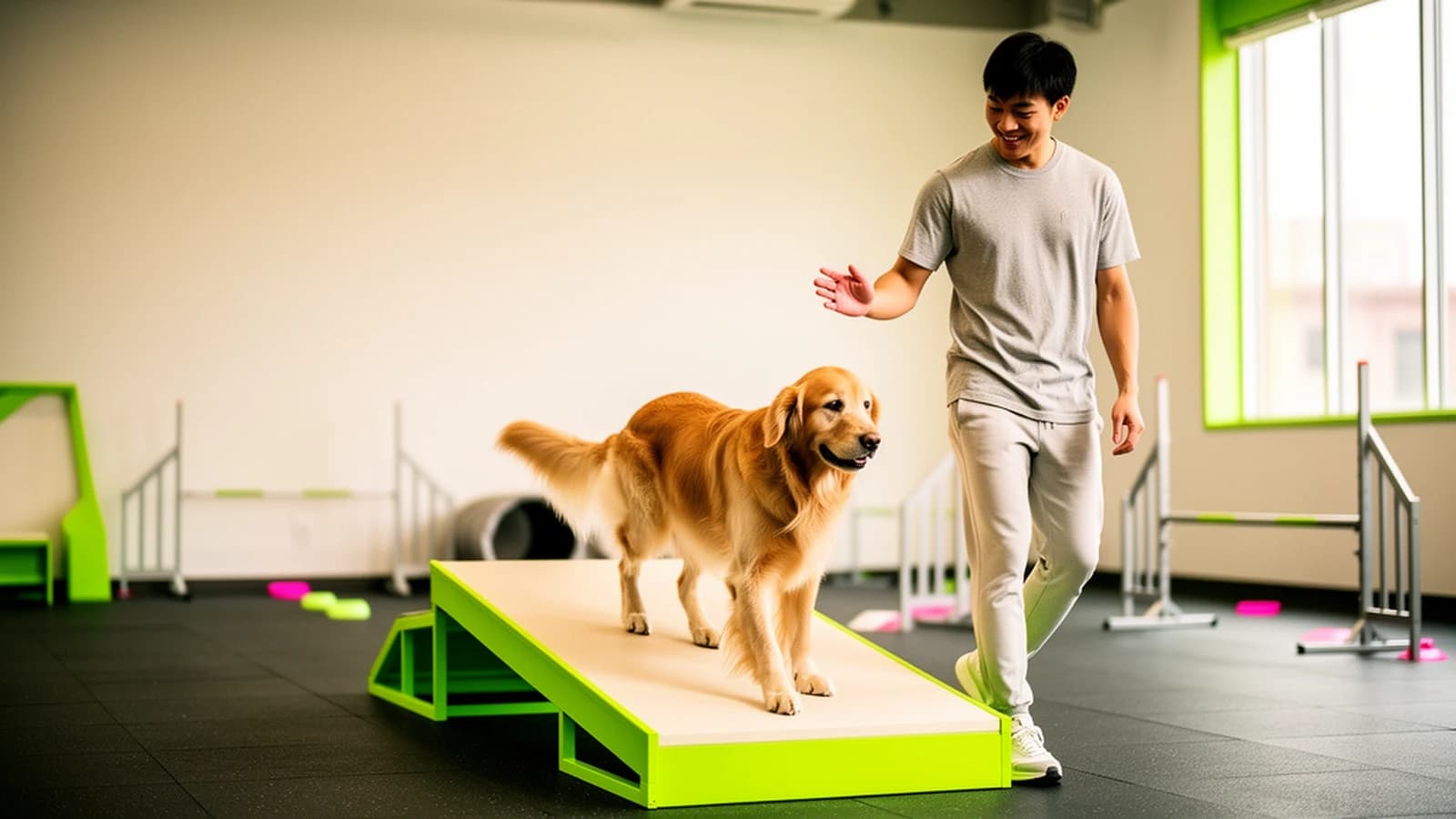 Golden retriever building confidence on a low agility ramp